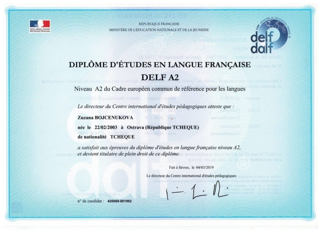 Diplome DELF A2 Zuzka B